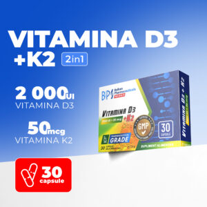Vitamin D3 + K2, 2000UI + 50mcg, 30 caps.